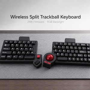 May include: A black wireless split trackball keyboard with ZMK firmware and RGB backlight. The device features two separate key sections, a red trackball, a scroll wheel, and red buttons. The text Wireless Split Trackball Keyboard ZMK Firmware RGB Backlight is visible above the keyboard.