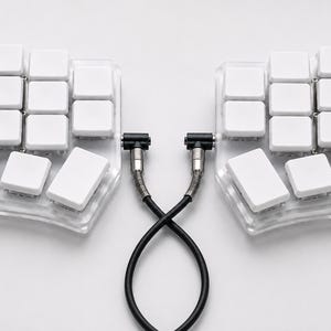 May include: A split mechanical keyboard featuring two transparent acrylic base plates with white blank keycaps. The two halves are connected by a black coiled cable with silver metal connectors, forming an interlocking loop between the units.
