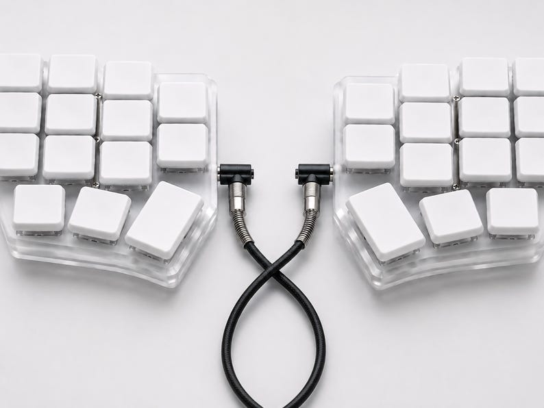 May include: A split mechanical keyboard featuring two transparent acrylic base plates with white blank keycaps. The two halves are connected by a black coiled cable with silver metal connectors, forming an interlocking loop between the units.