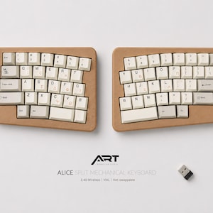 May include: Two split mechanical keyboards with off-white keycaps and a tan frame. The keyboards are labelled "ALICE SPLIT MECHANICAL KEYBOARD" and include a 2.4G wireless feature. A small USB receiver is also visible.