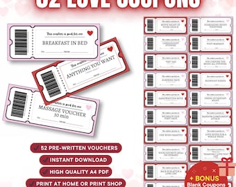 Valentine's Day Vouchers | Couple Coupons | 52 Date Night Ideas | Instant Download