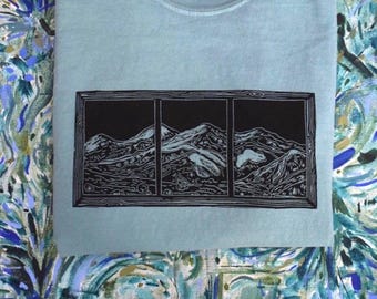 Block Printed T-Shirt l Linocut Mountain Design l Art Print I Hand-Printed