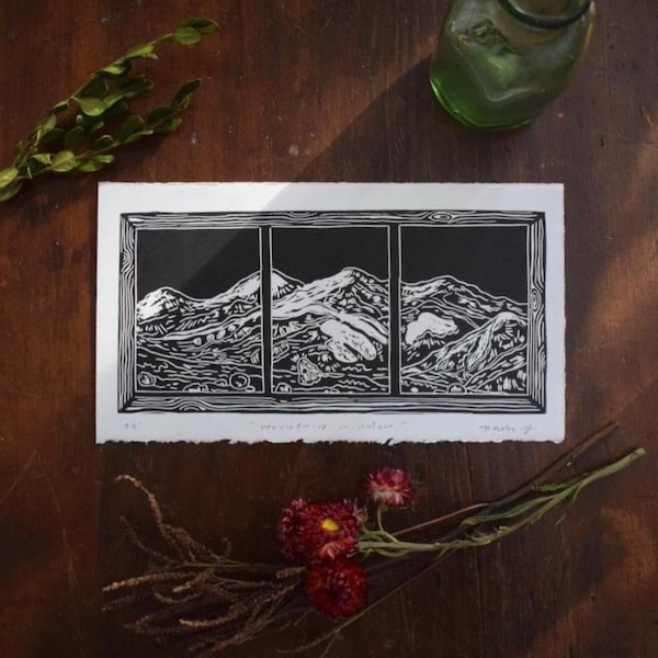 Original Linocut Print l Mountain Window