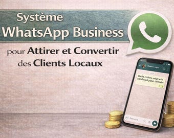 May include: An advertisement for WhatsApp Business. The image features a smartphone displaying a WhatsApp message, a green WhatsApp logo, and stacks of gold coins. Text in French reads "Système WhatsApp Business pour Attirer et Convertir des Clients Locaux."