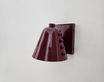 Mid-Century Brass Wall Sconce, Bold Cone Design Burgundy shade with Rivet Accents