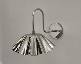 Brass Wall Sconce with Fluted Umbrella Shade, Handcrafted Vintage-Style Light