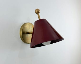 Handcrafted Brass Wall Sconce with a Wine-Colored Shade. Vintage-Inspired Handmade Lighting Fixture