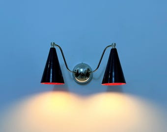 Mid-Century Modern Double Cone Brass Sconce featuring Elegant Wine Shades