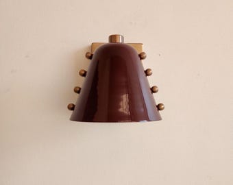 Mid-Century Brass Wall Sconce, Bold Cone Design Burgundy shade with Rivet Accents