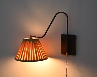 Handmade Brass Wall Sconce with Pleated Fabric Shade – Vintage-Inspired Adjustable Wall Light