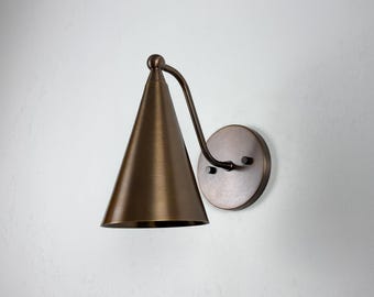Handmade Brass Wall Sconce: Antique Brass Cone Shade, Accent Lighting