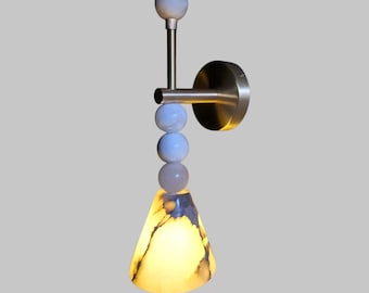 Handmade Brass Alabaster Wall Sconce – Mid-Century Modern Bedside Marble Lamp