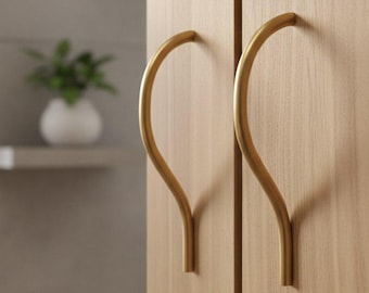 Curved Brass Cabinet Handles, Bow Pulls, Minimalist Spindle Pulls