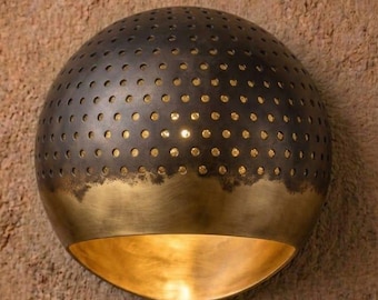 Solid Brass Dome Wall Sconce, Perforated Round Wall Light Fixture, Black Patina Finish Mediterranean Indoor Lighting.