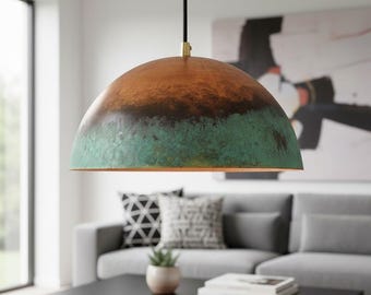 Rustic Copper Pendant Light, Handcrafted Green Patina Ceiling Lamp, Oxidized Chandelier for Kitchen Island