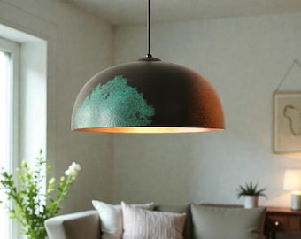 Oxidized Pendant Light, Verdigris Green Patina Lamp, Dome Light, Kitchen Island Lighting