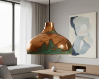 Oxidized Copper Pendant Lamp: Green Patina Dome Light