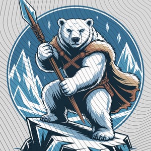 May include: Illustration of a polar bear warrior holding a spear, set against a blue and white mountain backdrop. The bear wears a brown fur cape and is positioned on a rocky surface, with a gray wavy background.