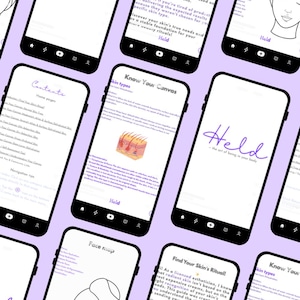 Könnte beinhalten: Mehrere Smartphones zeigen Seiten eines Hautpflege-Ratgebers. Die Bildschirme zeigen Text und Illustrationen, einschließlich des Titels "Held - the art of being in your body." Der Hintergrund ist hellviolett.