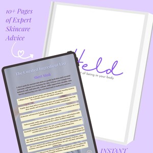Puede incluir: Una tableta digital muestra una lista de ingredientes para el cuidado de la piel con el texto "The Normal Skin Blueprint". La imagen presenta un libro blanco y la palabra "Held" en escritura púrpura. El tema es la belleza y el cuidado de la piel.