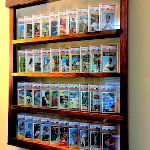 diy baseball card display case 4 Pack Sports Stand Wood Trading Card Rack 15*1.2*0.7 Inch Graded Card Display Shelf Card Frame Wall Display Toploader Card Holder Display for Home Shop (No card) (Primary or other collectible cards Had some leftover wood from