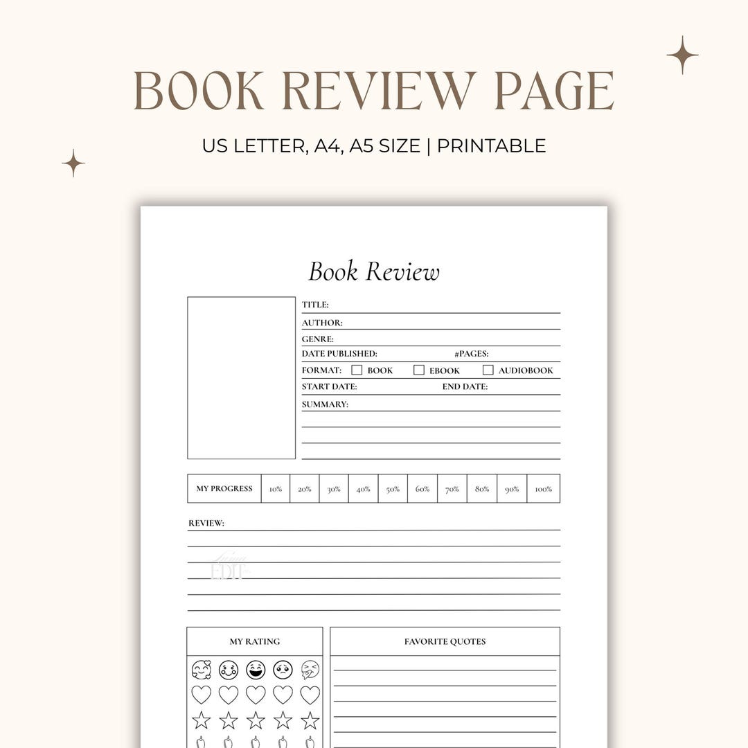 Minimalist Book Review Template, Reading Journal Printable (US Letter ...