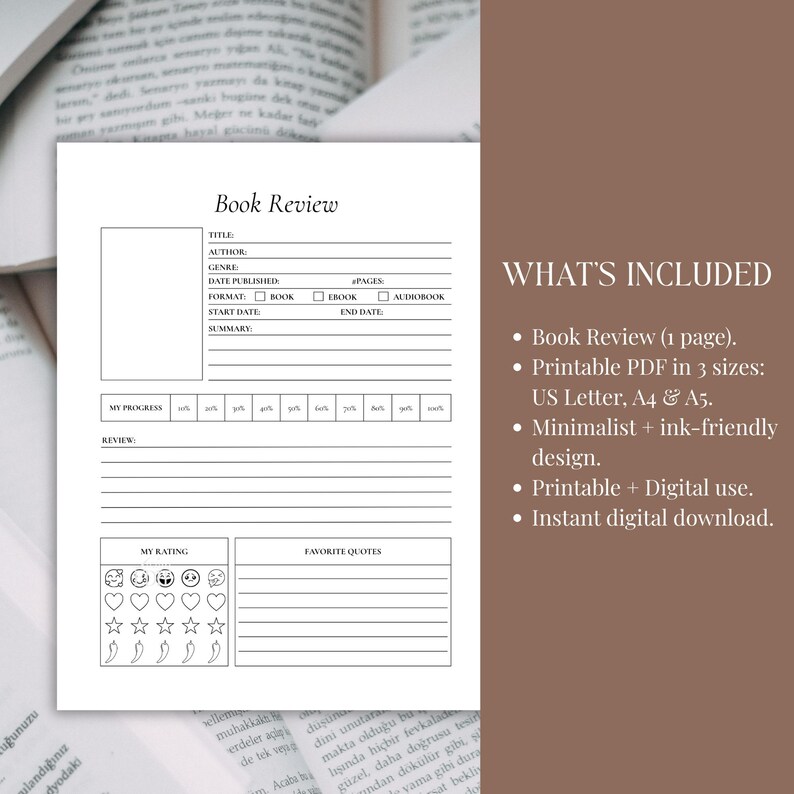 Minimalist Book Review Template, Reading Journal Printable (US Letter ...