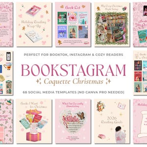 Modelos Canva para Bookstagram com tema natalino rosa, modelos coquetes e românticos para amantes de livros no Instagram.