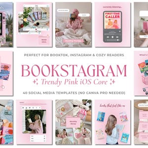 Modelos rosa para Bookstagram, Pacote Canva Core para iOS, 40 posts e carrosséis para Instagram, Kit de mídia social para fãs de romance e livros