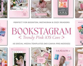 Pink Bookstagram Templates, iOS Core Canva Bundle, 40 Instagram Posts & Carousels, Romance Bookish Social Media Kit