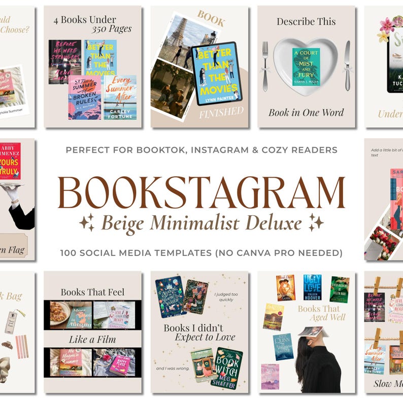 May include: A collection of social media templates for book lovers, featuring book covers and the word "BOOKSTAGRAM" in a beige minimalist design. The templates are designed for Instagram and BookTok.