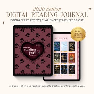 Romanze Lesetagebuch 2026, Goodnotes Digital Planner, Hyperlinked Book Tracker (PDF), Kostenlose gemütlichen Aufkleber
