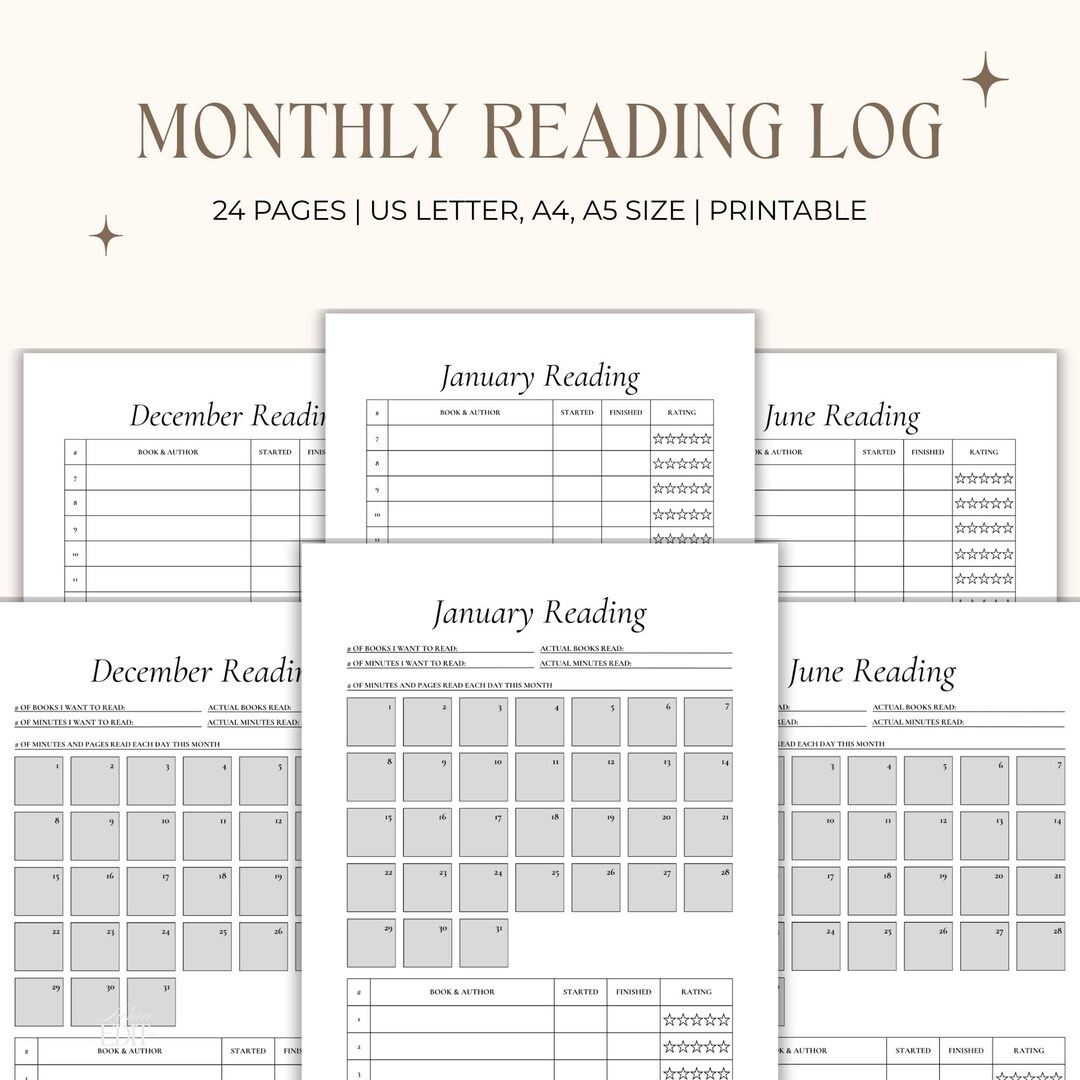 Monthly Reading Log Printable PDF, Undated Book Tracker (US Letter, A4 ...
