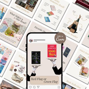 May include: A collection of book-themed graphics, including a phone screen displaying two book covers on trays, with the text "Red Flag or Green Flag." Surrounding graphics feature book recommendations and the text "Shelf Aesthetic."