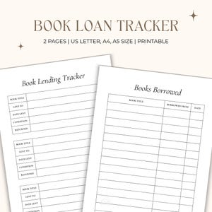Planilha de controle de empréstimo de livros para imprimir (PDF), registro de leitura minimalista (formatos Carta, A4 e A5)