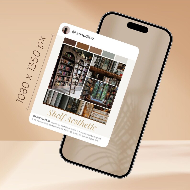 May include: A smartphone displays a social media post with the text "Shelf Aesthetic." The post features a collage of images showcasing bookshelves and books. The post includes the username "@lumaeditco" and a color palette.