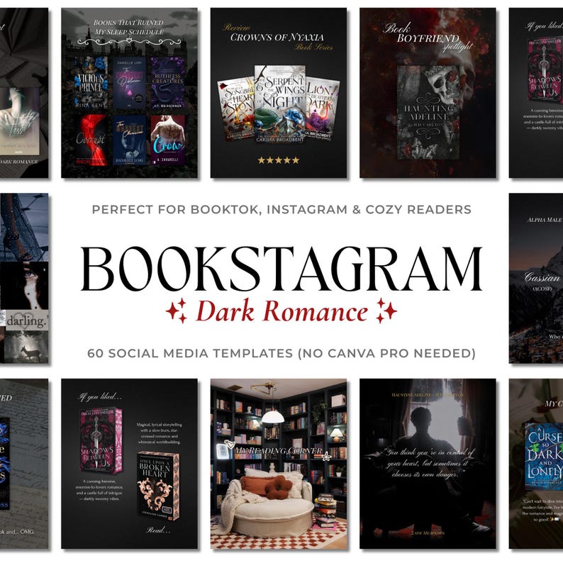 Modelos de Bookstagram de Romance Sombrio, Posts Editáveis ​​no Canva (Download Digital) imagem 1
