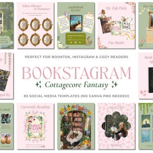 Modelos aconchegantes de livros para o Instagram, pacote Cottagecore para Canva, 83 posts e carrosséis para Instagram, kit de mídia social com estética literária.