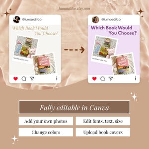 May include: An Instagram post template with two mockups of a book choice question. The first mockup is light beige, the second is lavender. The text reads "Which Book Would You Choose?" and "Fully editable in Canva."