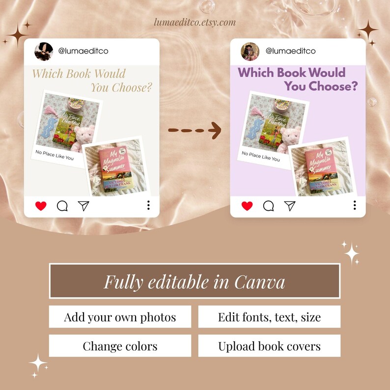 May include: An Instagram post template with two mockups of a book choice question. The first mockup is light beige, the second is lavender. The text reads "Which Book Would You Choose?" and "Fully editable in Canva."