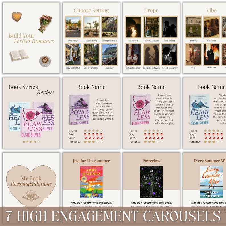 May include: A collection of book recommendations with various covers, including "Powerless" and "Heartless." The image features carousels with settings, tropes, and vibes, along with book reviews and ratings. Text includes "Build Your Perfect Romance."
