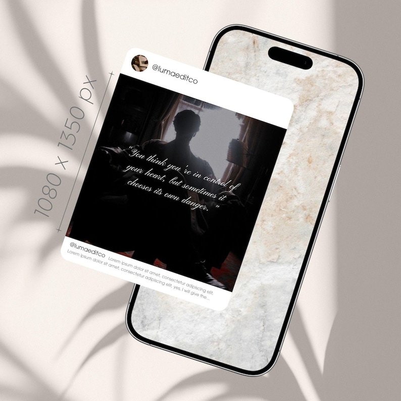 Pode incluir: Um smartphone exibe uma publica&ccedil;&atilde;o de m&iacute;dia social com uma imagem escura em silhueta de uma pessoa. A publica&ccedil;&atilde;o inclui o texto: "Voc&ecirc; acha que est&aacute; no controle do seu cora&ccedil;&atilde;o, mas &agrave;s vezes ele escolhe seu pr&oacute;prio perigo." O telefone est&aacute; em uma superf&iacute;cie clara.