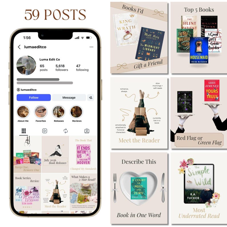 May include: A smartphone screen displays an Instagram profile with book-related content. The profile features various book covers, including "King of Wrath" and "The Midnight Library." Other posts include "Top 5 Books" and "Meet the Reader."