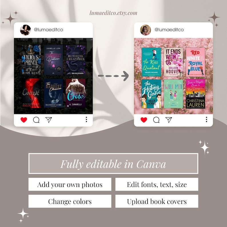 Pode incluir: Uma publica&ccedil;&atilde;o nas redes sociais com capas de livros, incluindo t&iacute;tulos como "Vicious Prince" e "It Ends With Us". A publica&ccedil;&atilde;o destaca a capacidade de editar fontes, texto, tamanho e cores e fazer upload de capas de livros. O texto "Fully editable in Canva" tamb&eacute;m &eacute; vis&iacute;vel.