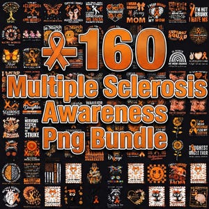 May include: A collection of 160 Multiple Sclerosis Awareness PNG graphics in orange and black. The designs include ribbons, text, and various symbols related to MS awareness, suitable for digital art and crafting.