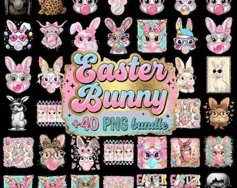 Easter Bunny Blowing Bubblegum PNG Bundle, 40+ Designs (Instant Download)