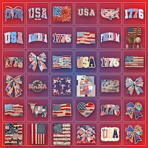 May include: A collection of red, white, and blue patriotic designs. The image includes the word "USA", the number "1776", American flags, bows, and a baseball. Some items feature the text "EST. 1778", "FREEDOM", and "BASEBALL".