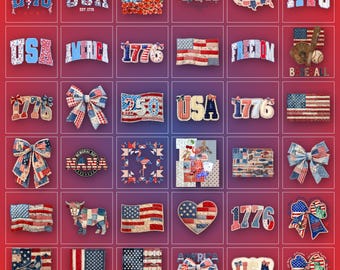 4th of July PNG Bundle | Patchwork Coquette Bow & USA Flag | Faux Quilted Cottagecore Design
