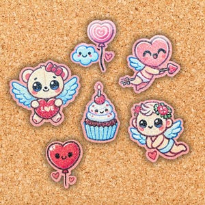 Glitzersticker Set - Valentinstag Motive - Bär - Putte - Herz - Lolli - Cupcake