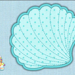 May include: A light blue seashell applique featuring a pattern of small teal polka dots and a scalloped edge, accompanied by a small, colorful cartoon zebra character with stripes in shades of yellow, pink, green, and blue on a textured blue background.